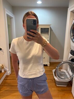 Nike Women's Cream Short Sleeve Athletic Top with Lavender Shorts
